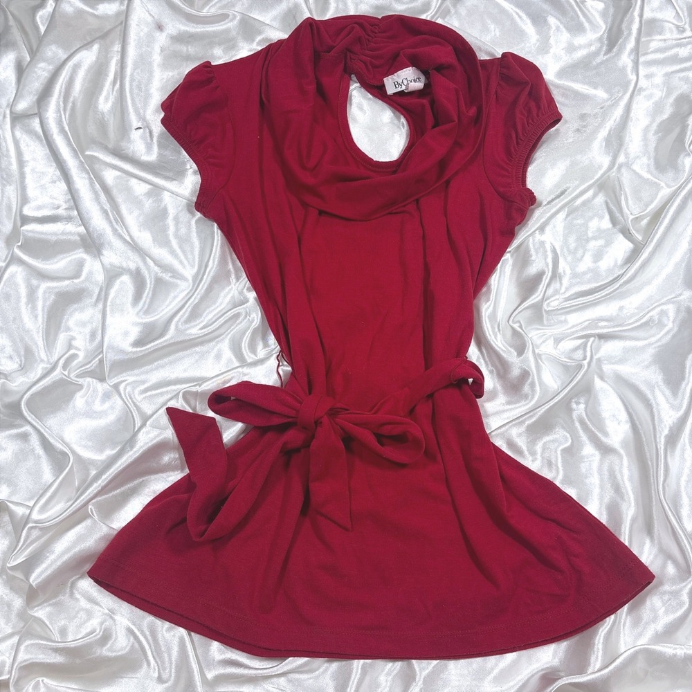 y2k Tunic Top Red Excellent Cowl Neck Tie Waist Cap Sleeve ByChoice S